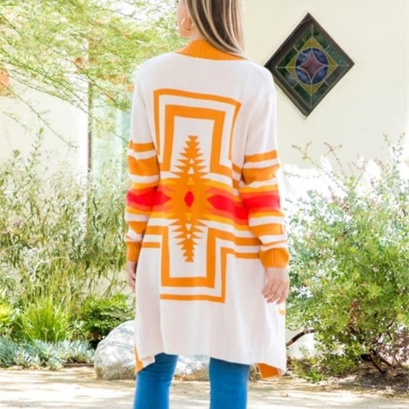 Boho Geo Print open front long sleeve cardigan - Picture 2 of 6